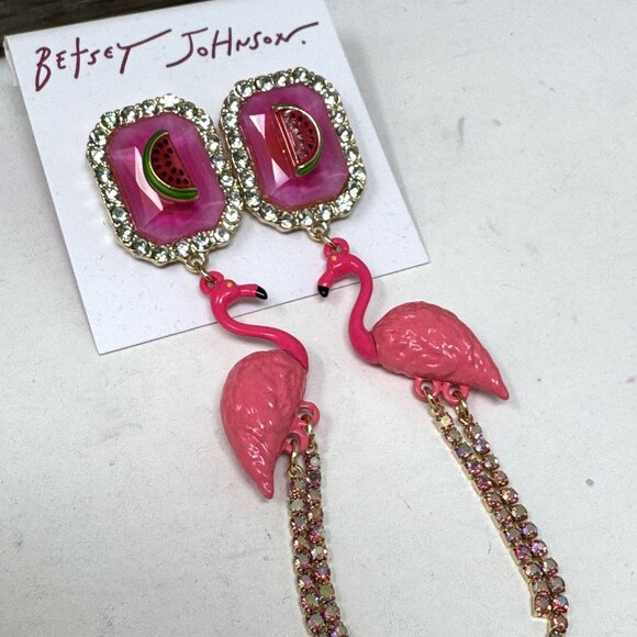 Betsey Johnson Flamingo Watermelon Statement Earrings With Rhinestone Accents - Picture 4 of 7